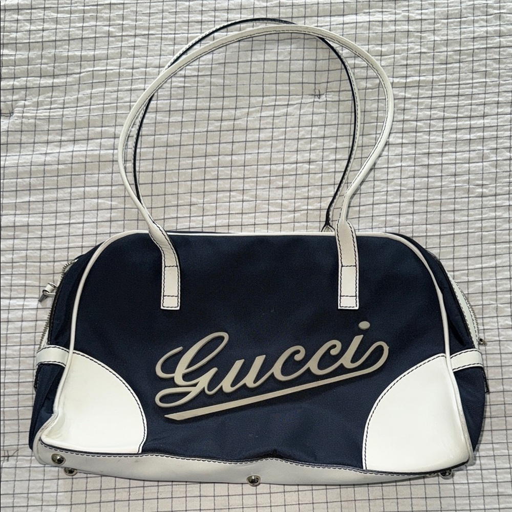 Vintage Gucci Blue and White Shoulder Bag with Retro Design